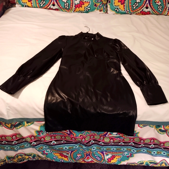 Shein Black Faux Leather  Dress with waist sash/ belt - Picture 1 of 5